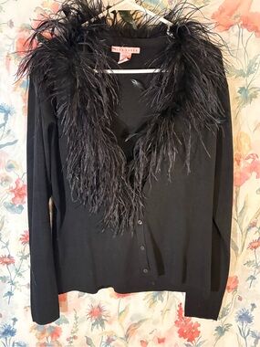 Vintage Tina Hagen Black Feather-Trim Cardigan